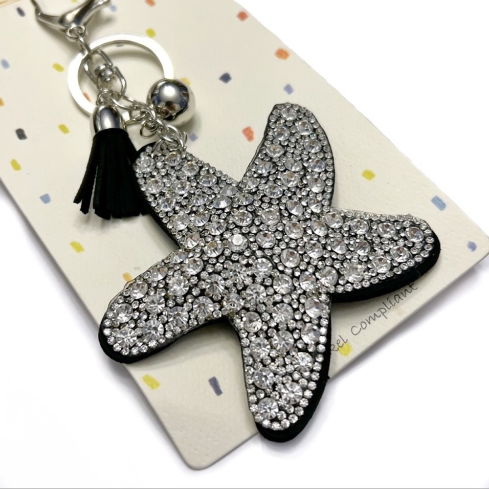 3/$20 Starfish Keychain Rhinestone Purse Charm with Tassle Silver & Black